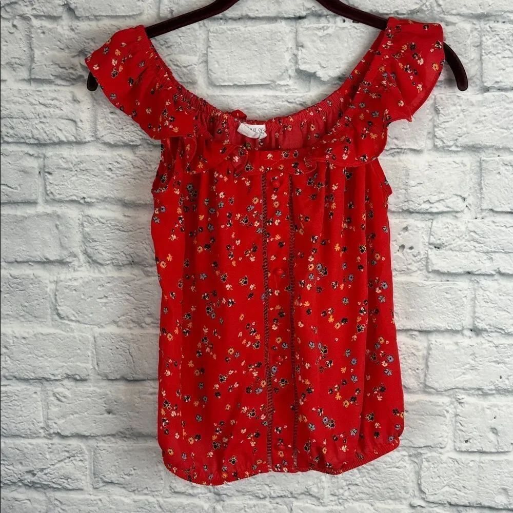 Sienna Sky Red Floral Elastic Ruched Waist Short Sleeve Blouse Top Sz XS